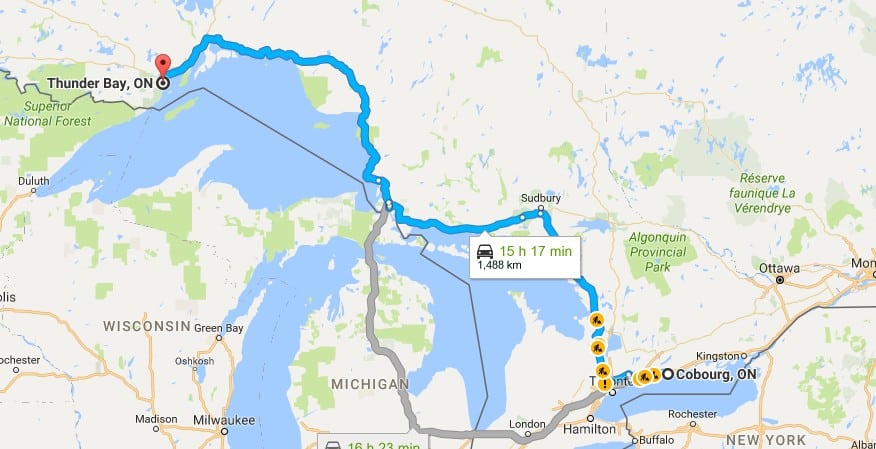 Map of route from Cobourg to Thunder Bay