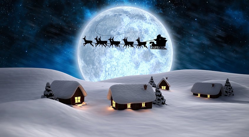 Happy holidays snowy village with Santa's sleigh